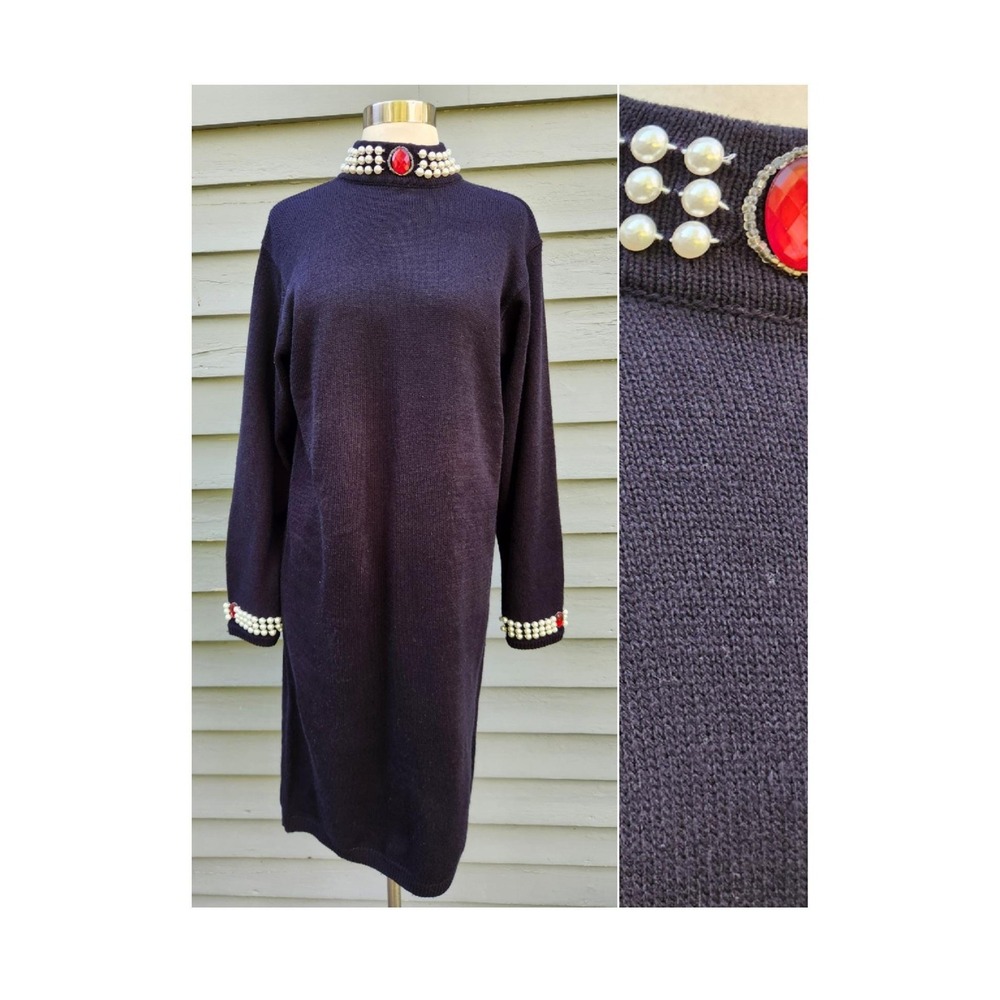 Vintage 80s Plain Jane Sweater Dress Black Faux Pearl Red Jewel Beaded Size M